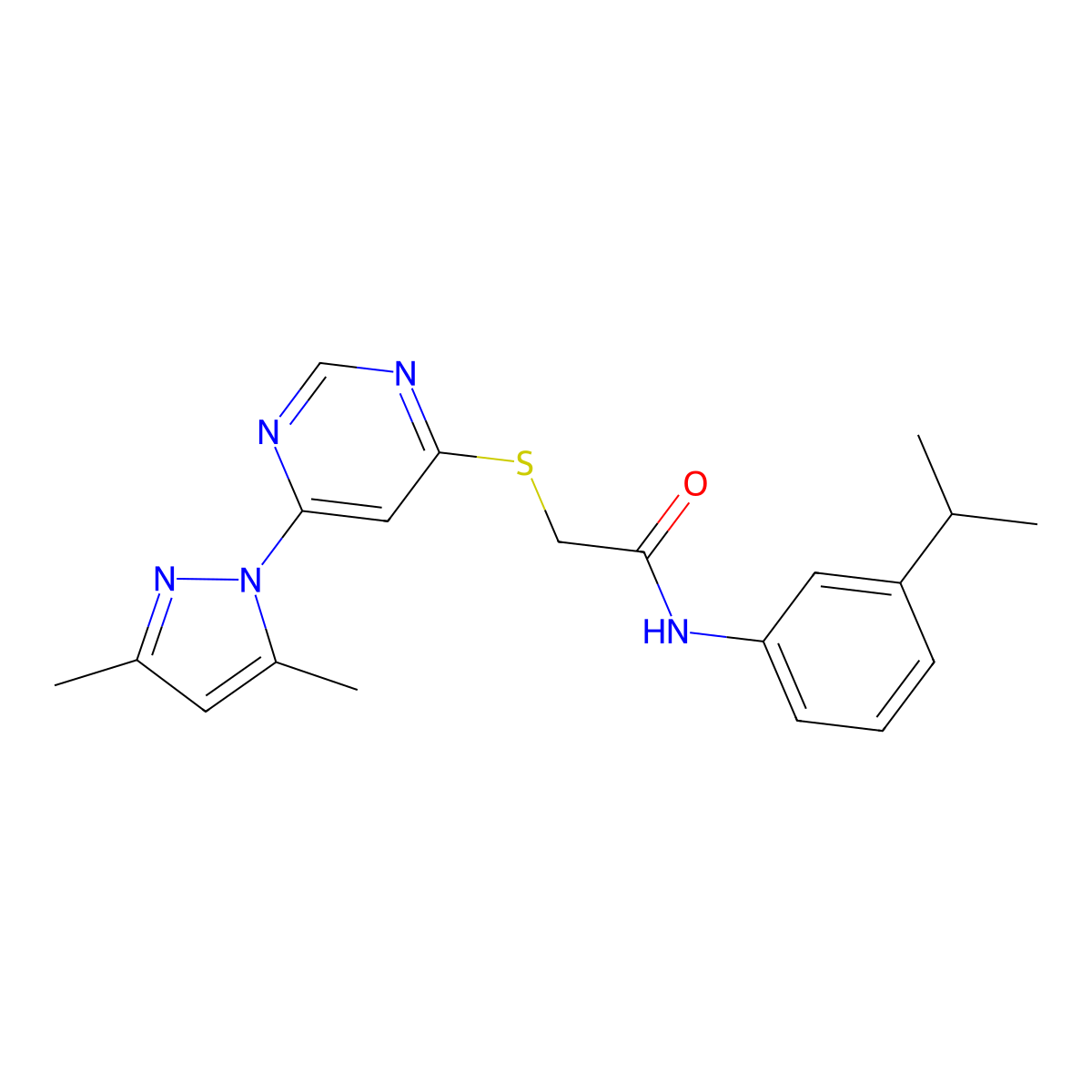2-((6-(3,5-dimethyl-1H-pyrazol-1-yl)pyrimidin-4-yl)thio)-N-(3-isopropylphenyl)acetamide molecular structure, CAS 1251676-85-3