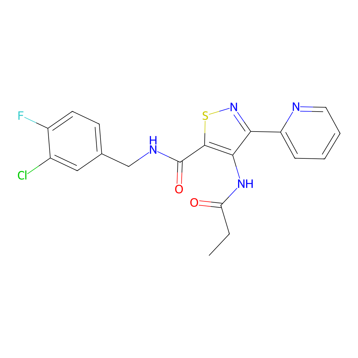 N-(3-chloro-4-fluorobenzyl)-4-propionamido-3-(pyridin-2-yl)isothiazole-5-carboxamide molecular structure, CAS 1251676-90-0