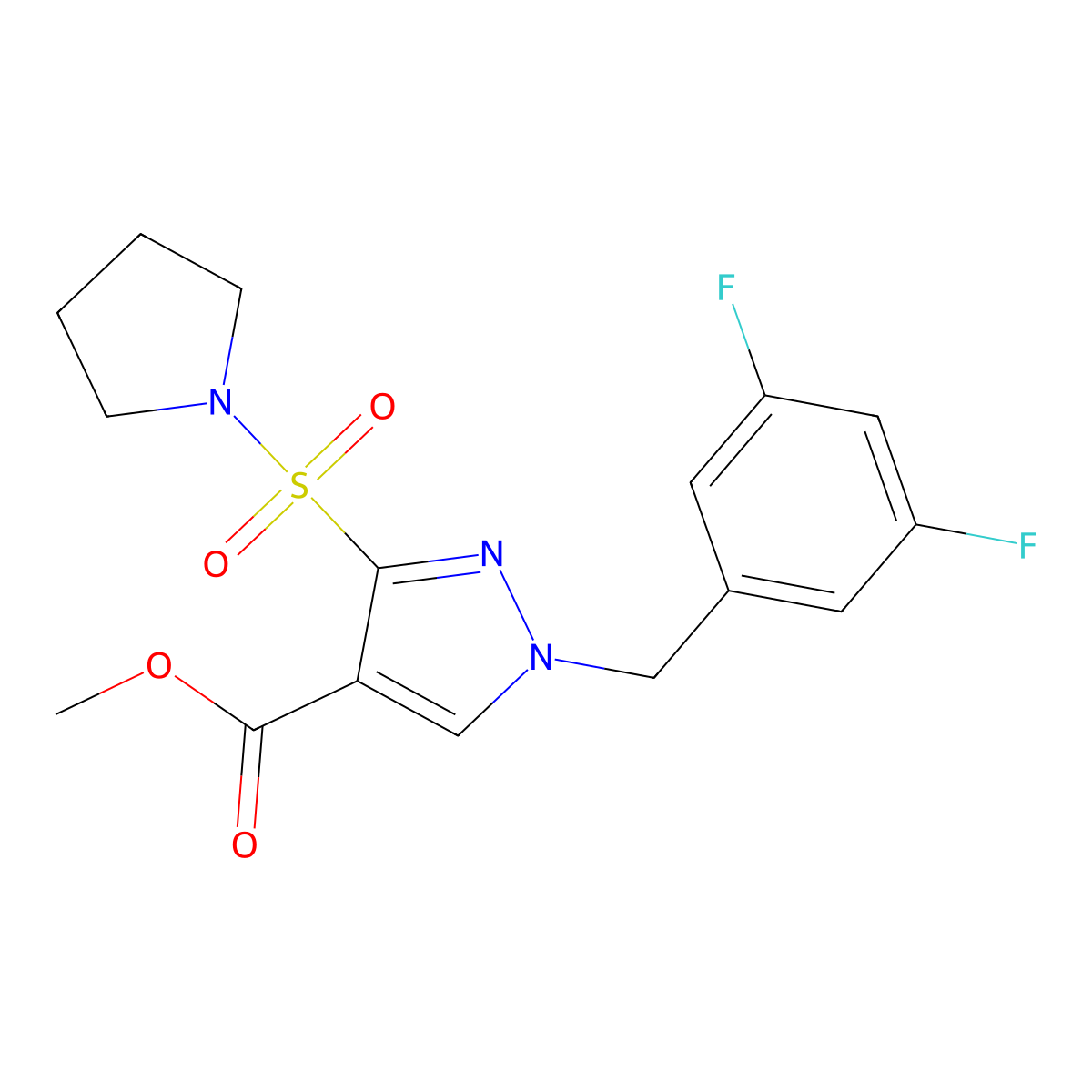 methyl 1-(3,5-difluorobenzyl)-3-(pyrrolidin-1-ylsulfonyl)-1H-pyrazole-4-carboxylate molecular structure, CAS 1251676-94-4