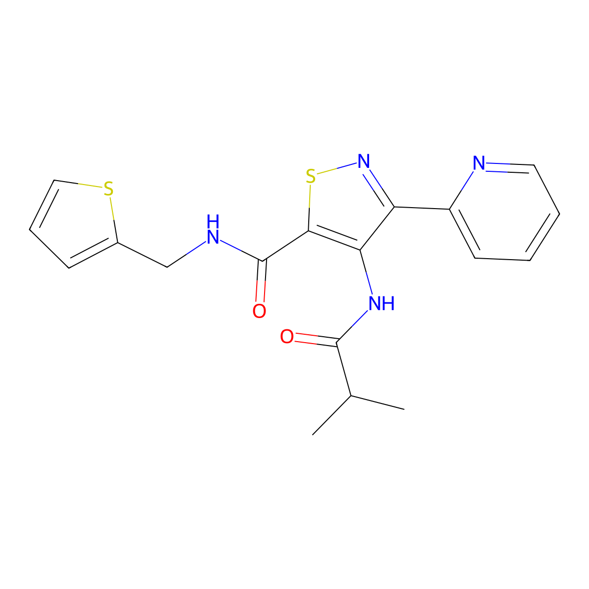 4-(2-methylpropanamido)-3-(pyridin-2-yl)-N-[(thiophen-2-yl)methyl]-1,2-thiazole-5-carboxamide molecular structure, CAS 1251676-95-5