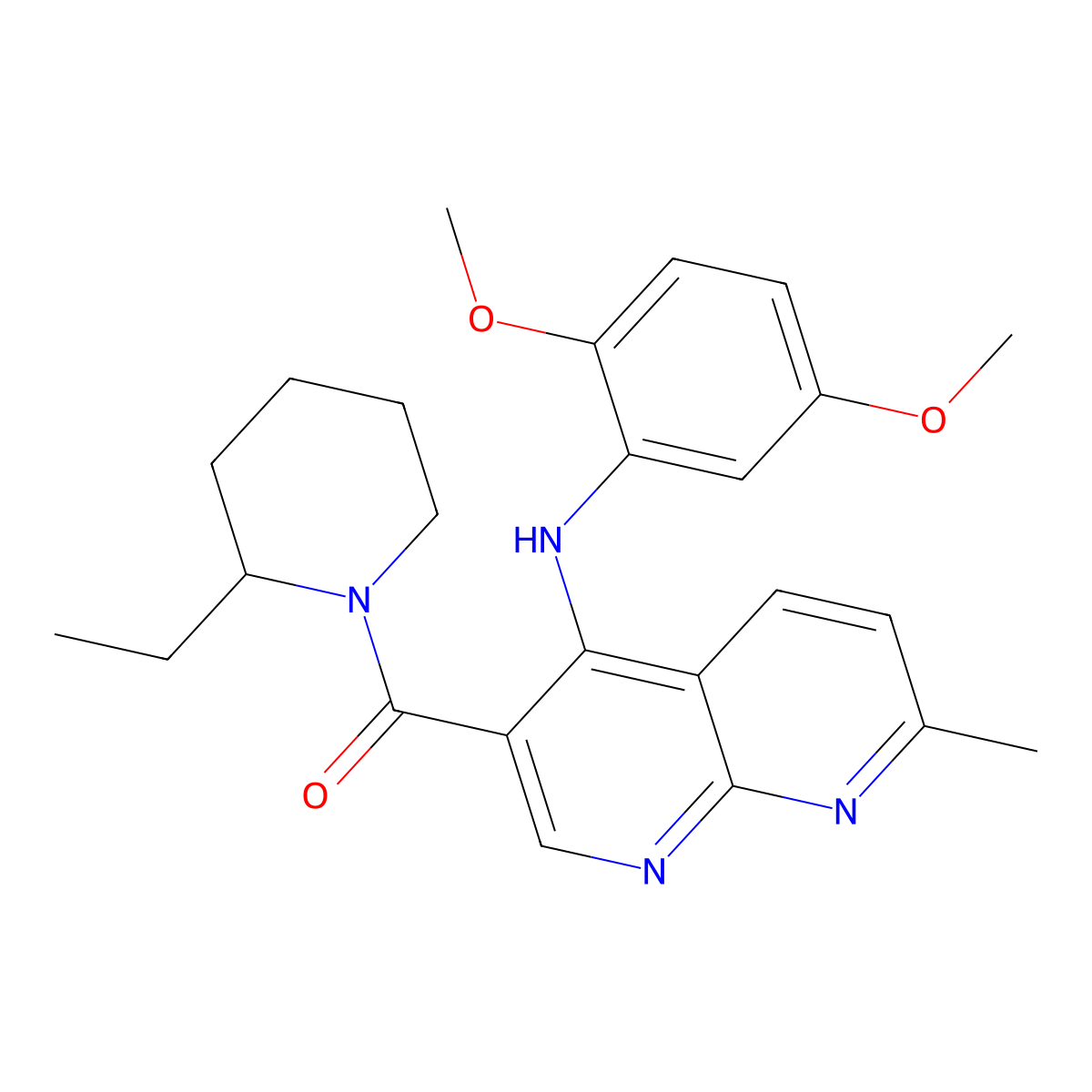 (4-((2,5-Dimethoxyphenyl)amino)-7-methyl-1,8-naphthyridin-3-yl)(2-ethylpiperidin-1-yl)methanone molecular structure, CAS 1251677-00-5