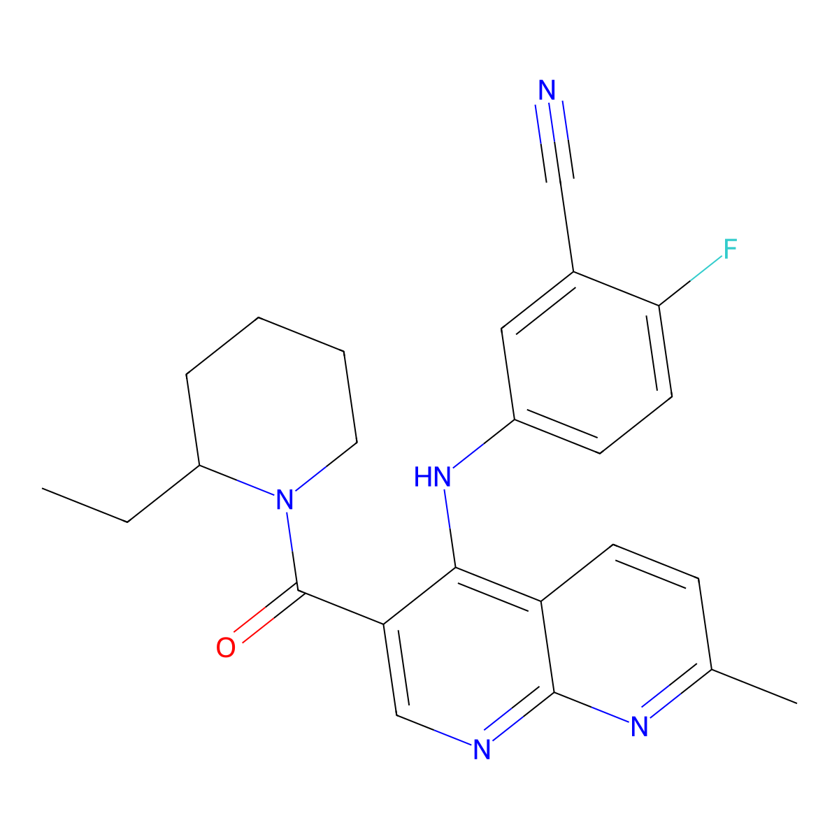 5-((3-(2-Ethylpiperidine-1-carbonyl)-7-methyl-1,8-naphthyridin-4-yl)amino)-2-fluorobenzonitrile molecular structure, CAS 1251677-10-7