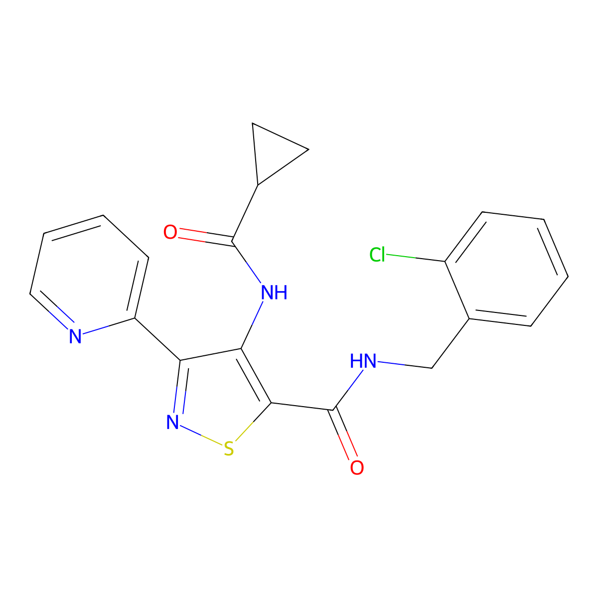 N-[(2-chlorophenyl)methyl]-4-cyclopropaneamido-3-(pyridin-2-yl)-1,2-thiazole-5-carboxamide molecular structure, CAS 1251677-11-8