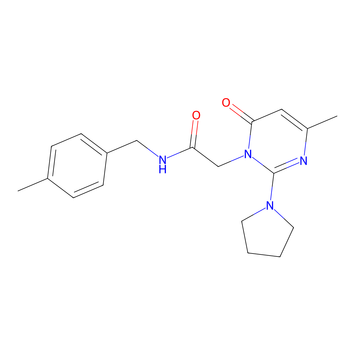 2-[4-methyl-6-oxo-2-(pyrrolidin-1-yl)-1,6-dihydropyrimidin-1-yl]-N-[(4-methylphenyl)methyl]acetamide molecular structure, CAS 1251677-26-5