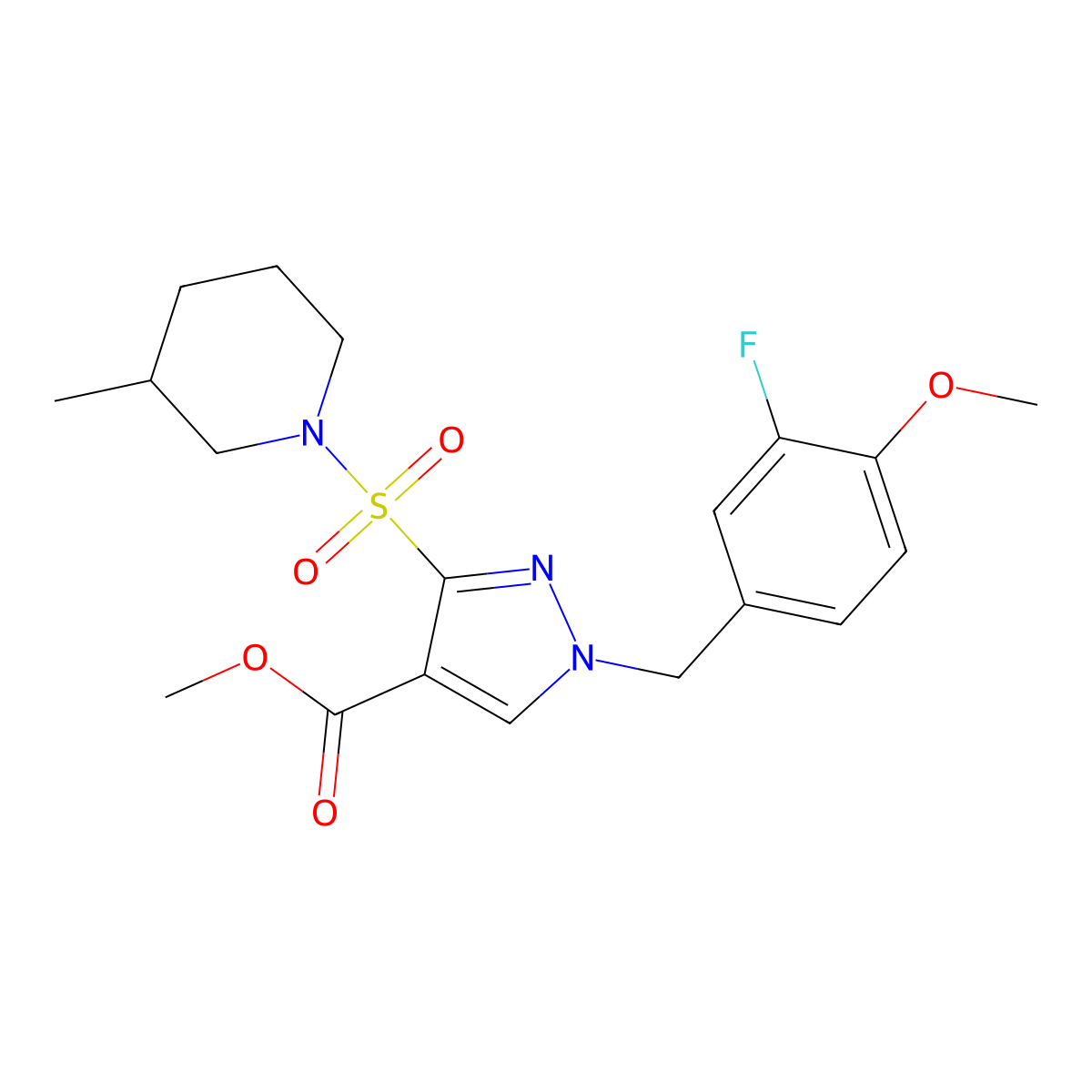methyl 1-(3-fluoro-4-methoxybenzyl)-3-((3-methylpiperidin-1-yl)sulfonyl)-1H-pyrazole-4-carboxylate molecular structure, CAS 1251677-29-8