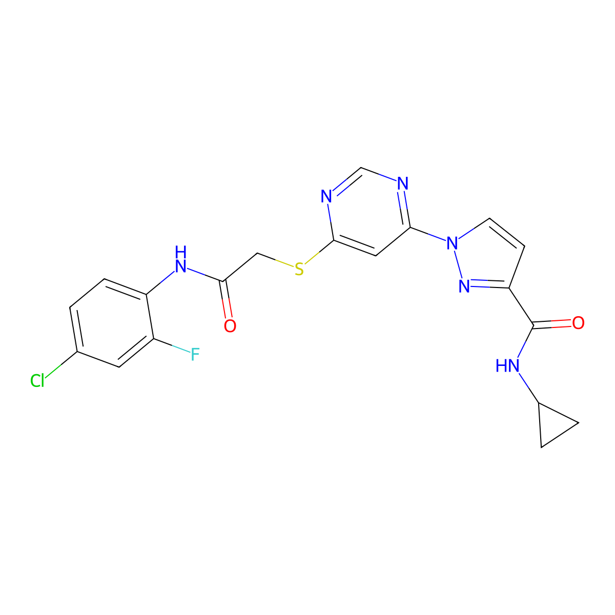 1-(6-((2-((4-chloro-2-fluorophenyl)amino)-2-oxoethyl)thio)pyrimidin-4-yl)-N-cyclopropyl-1H-pyrazole-3-carboxamide molecular structure, CAS 1251677-34-5