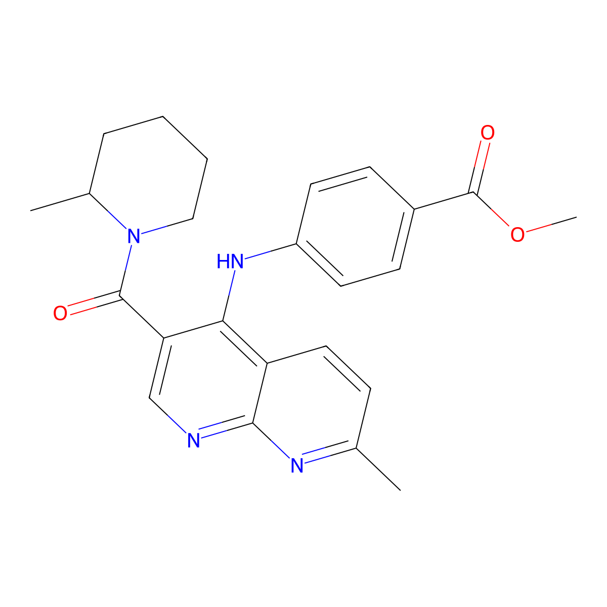 Methyl 4-((7-methyl-3-(2-methylpiperidine-1-carbonyl)-1,8-naphthyridin-4-yl)amino)benzoate molecular structure, CAS 1251677-38-9