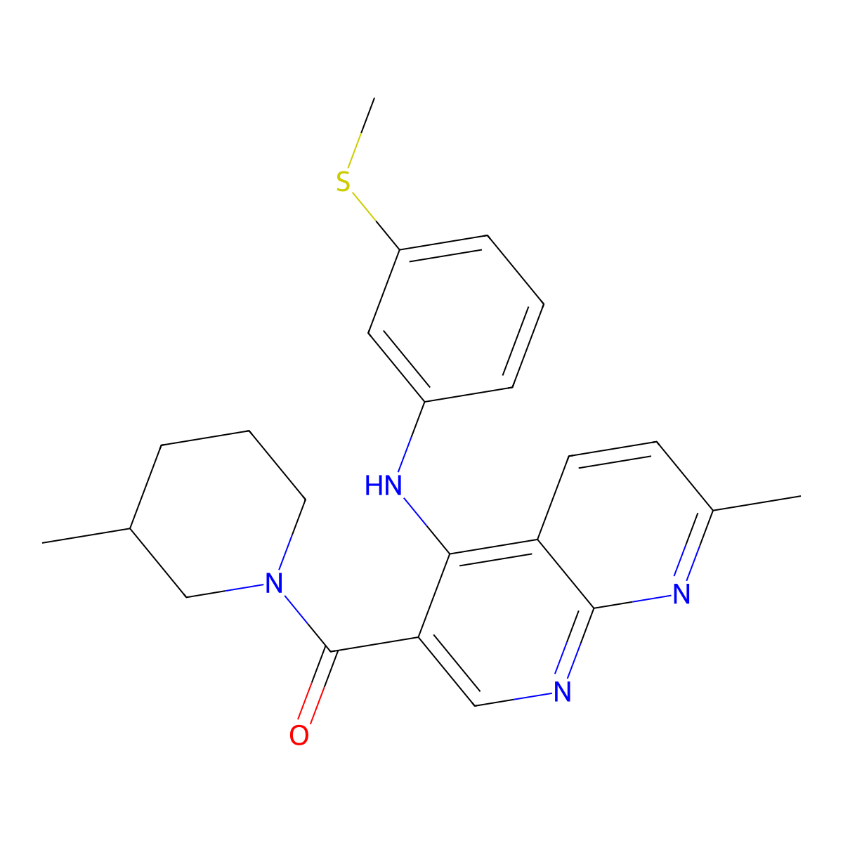 (7-Methyl-4-((3-(methylthio)phenyl)amino)-1,8-naphthyridin-3-yl)(3-methylpiperidin-1-yl)methanone molecular structure, CAS 1251677-56-1