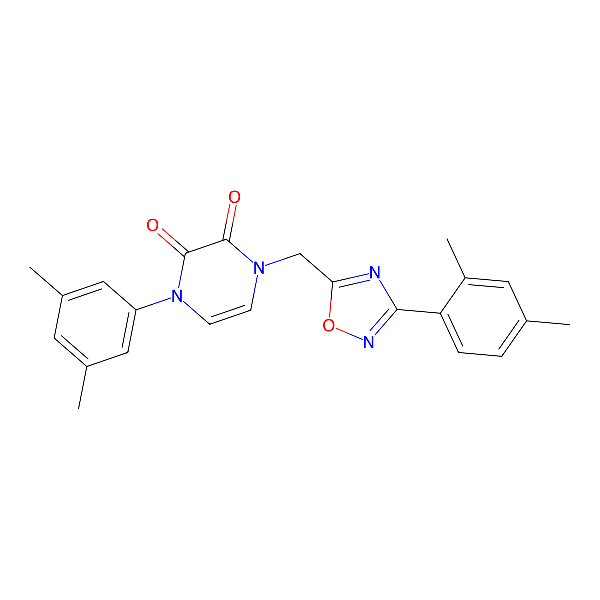 1-(3,5-dimethylphenyl)-4-((3-(2,4-dimethylphenyl)-1,2,4-oxadiazol-5-yl)methyl)pyrazine-2,3(1H,4H)-dione molecular structure, CAS 1251677-59-4