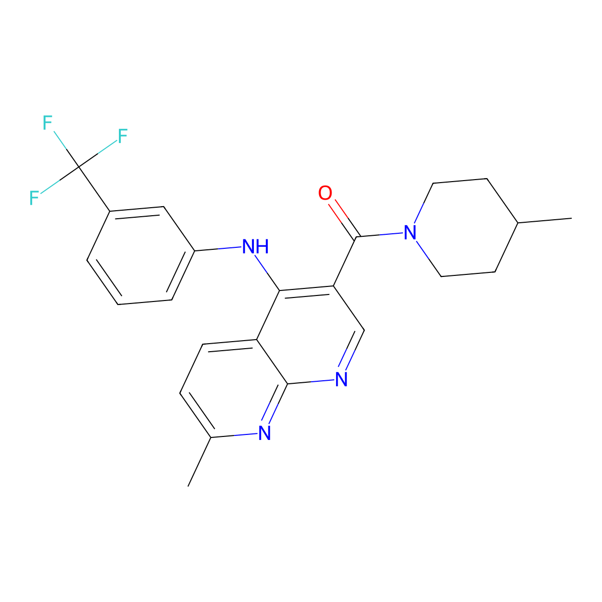 (7-Methyl-4-((3-(trifluoromethyl)phenyl)amino)-1,8-naphthyridin-3-yl)(4-methylpiperidin-1-yl)methanone molecular structure, CAS 1251677-67-4