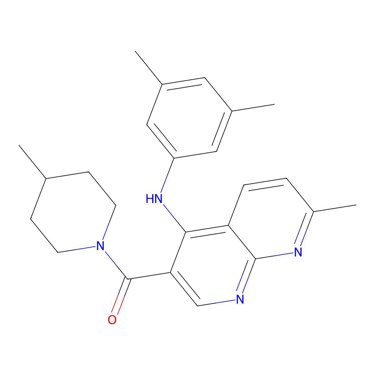 (4-((3,5-Dimethylphenyl)amino)-7-methyl-1,8-naphthyridin-3-yl)(4-methylpiperidin-1-yl)methanone molecular structure, CAS 1251677-73-2
