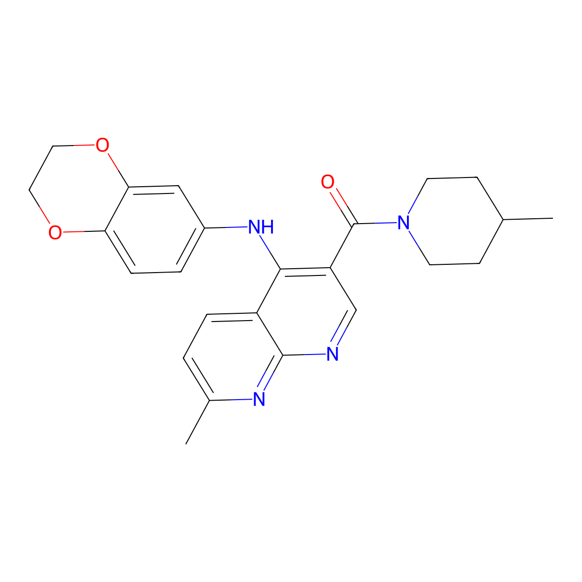 (4-((2,3-Dihydrobenzo[b][1,4]dioxin-6-yl)amino)-7-methyl-1,8-naphthyridin-3-yl)(4-methylpiperidin-1-yl)methanone molecular structure, CAS 1251677-80-1