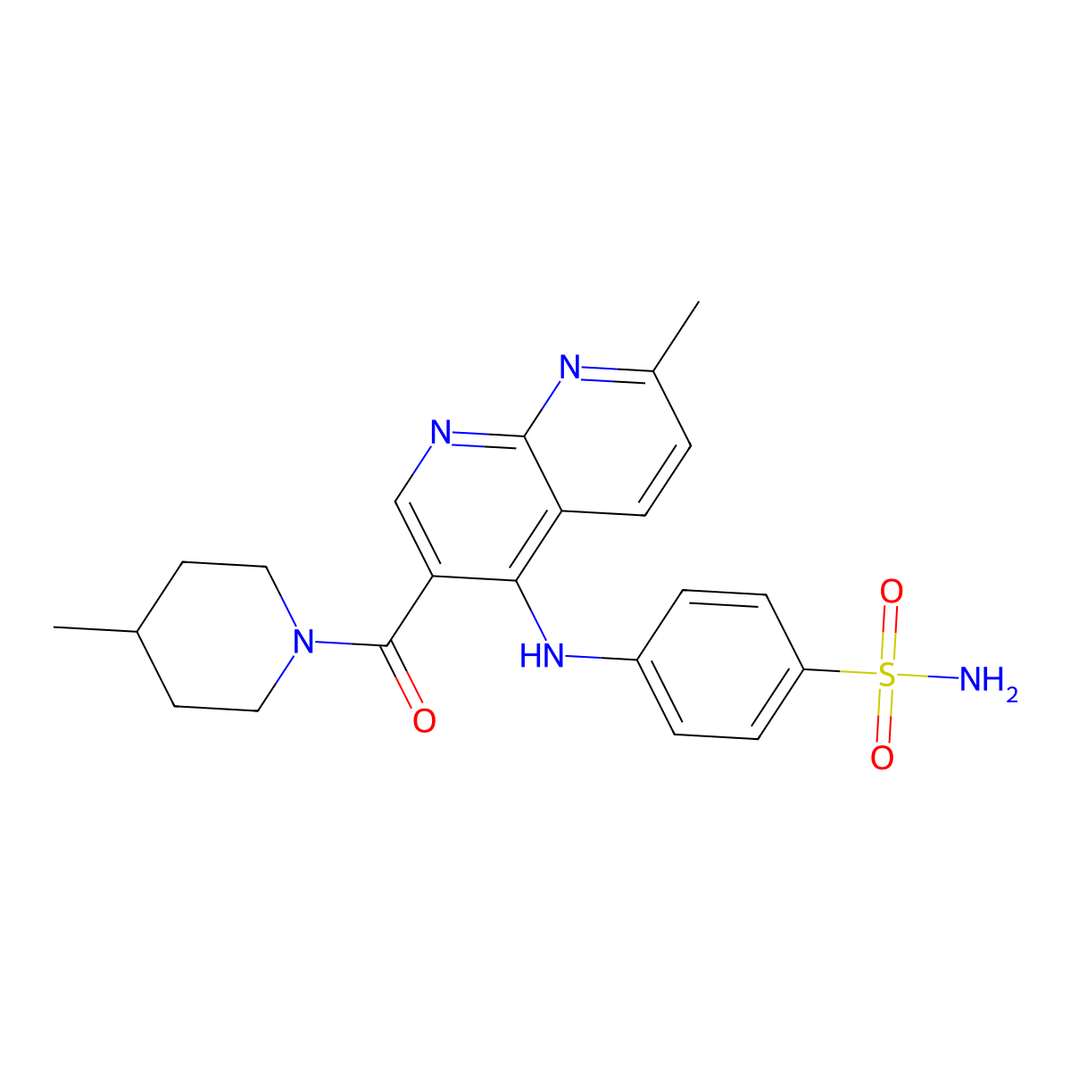 4-((7-Methyl-3-(4-methylpiperidine-1-carbonyl)-1,8-naphthyridin-4-yl)amino)benzenesulfonamide molecular structure, CAS 1251677-90-3