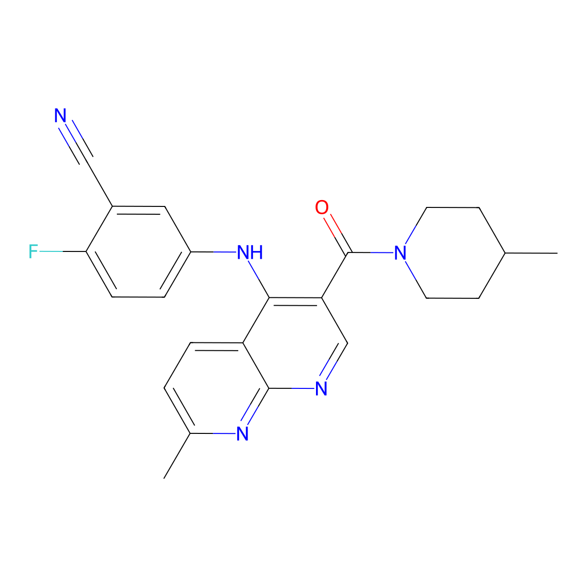 2-Fluoro-5-{[7-methyl-3-(4-methylpiperidine-1-carbonyl)-1,8-naphthyridin-4-yl]amino}benzonitrile molecular structure, CAS 1251677-91-4