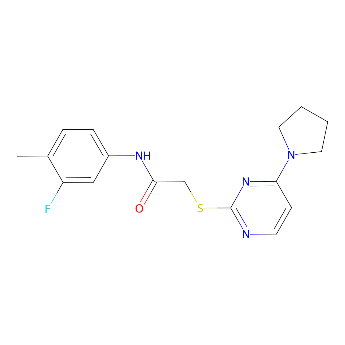 N-(3-fluoro-4-methylphenyl)-2-((4-(pyrrolidin-1-yl)pyrimidin-2-yl)thio)acetamide molecular structure, CAS 1251678-10-0