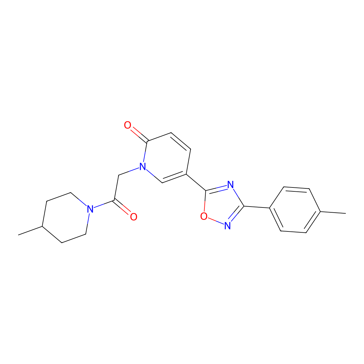 1-(2-(4-methylpiperidin-1-yl)-2-oxoethyl)-5-(3-(p-tolyl)-1,2,4-oxadiazol-5-yl)pyridin-2(1H)-one molecular structure, CAS 1251679-23-8