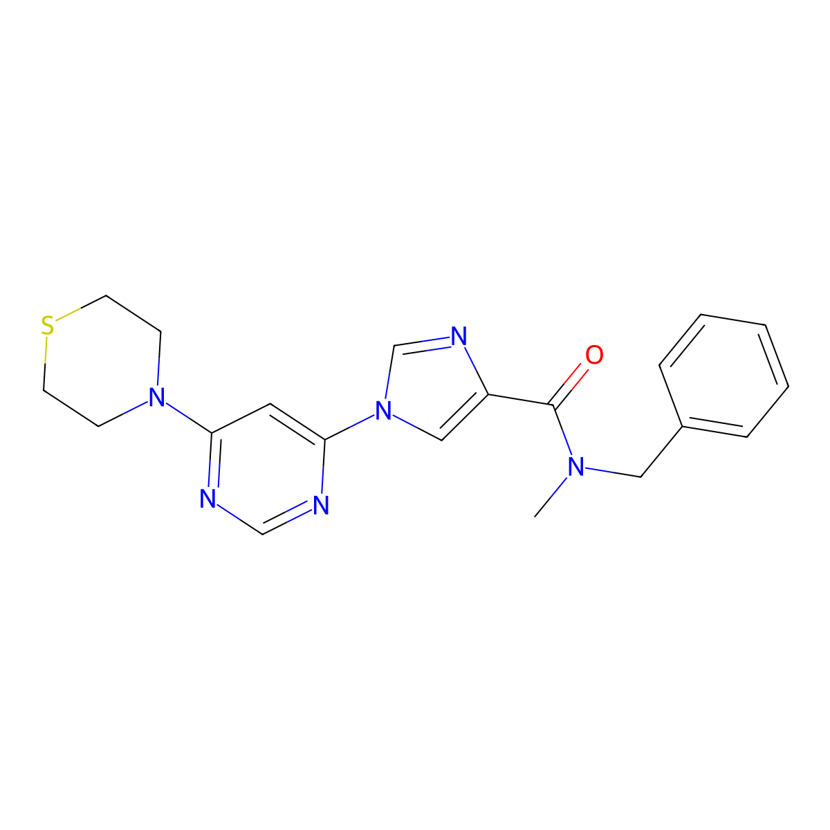 N-benzyl-N-methyl-1-[6-(thiomorpholin-4-yl)pyrimidin-4-yl]-1H-imidazole-4-carboxamide molecular structure, CAS 1251679-29-4