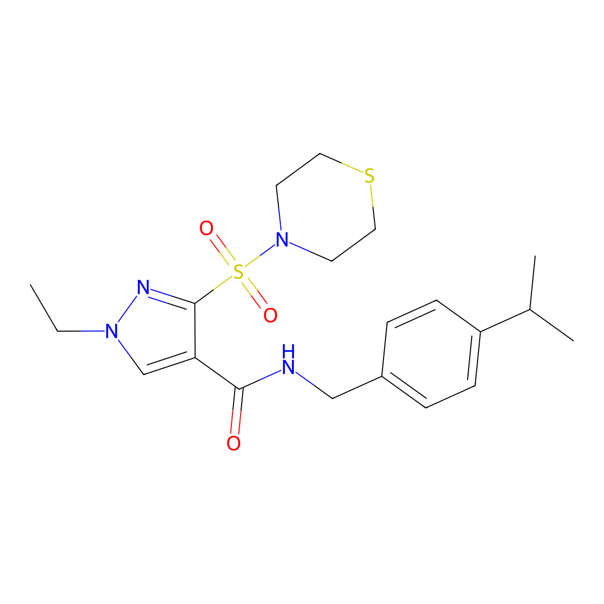1-ethyl-N-(4-isopropylbenzyl)-3-(thiomorpholinosulfonyl)-1H-pyrazole-4-carboxamide molecular structure, CAS 1251679-39-6