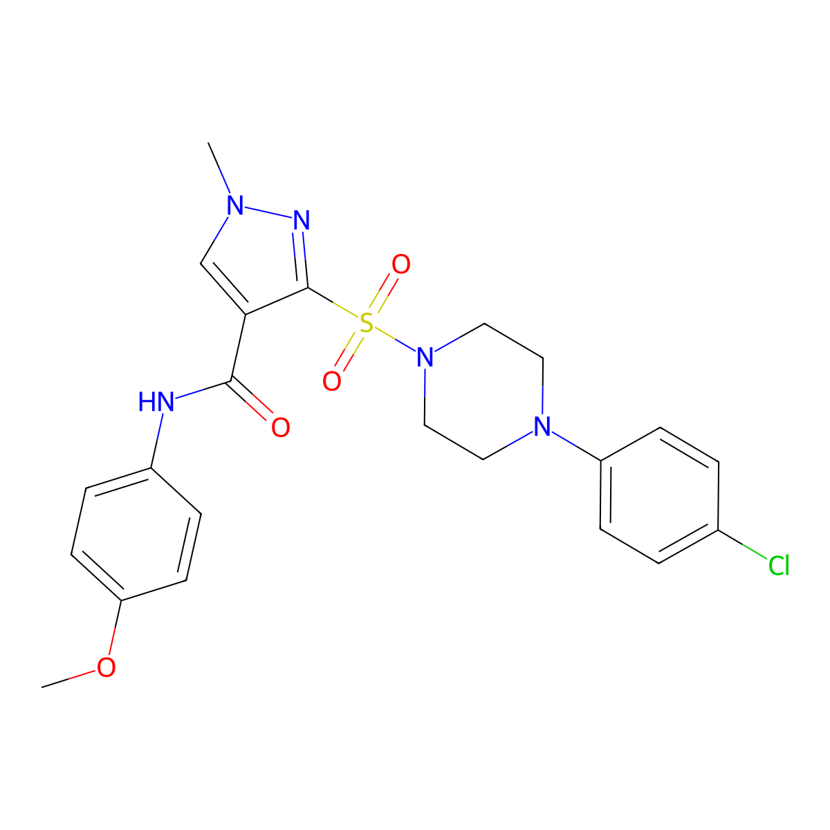 3-{[4-(4-chlorophenyl)piperazin-1-yl]sulfonyl}-N-(4-methoxyphenyl)-1-methyl-1H-pyrazole-4-carboxamide molecular structure, CAS 1251679-43-2