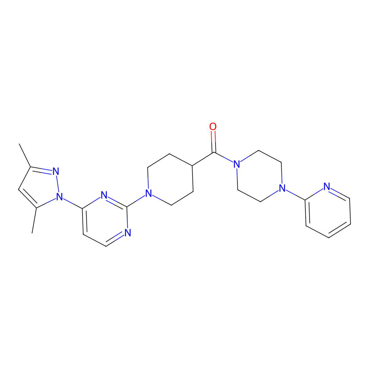 4-(3,5-dimethyl-1H-pyrazol-1-yl)-2-{4-[4-(pyridin-2-yl)piperazine-1-carbonyl]piperidin-1-yl}pyrimidine molecular structure, CAS 1251679-46-5