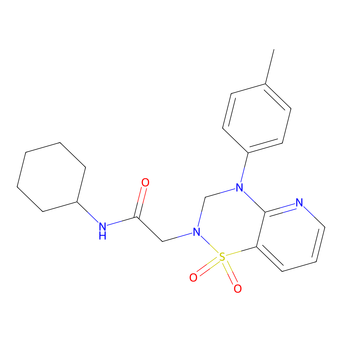 N-cyclohexyl-2-(1,1-dioxido-4-(p-tolyl)-3,4-dihydro-2H-pyrido[2,3-e][1,2,4]thiadiazin-2-yl)acetamide molecular structure, CAS 1251679-73-8