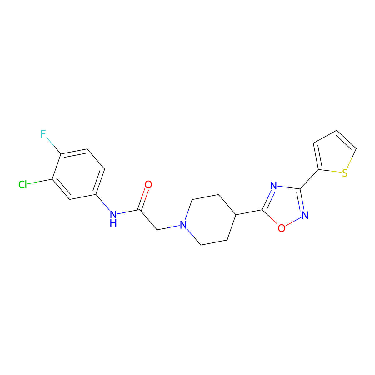 N-(3-chloro-4-fluorophenyl)-2-(4-(3-(thiophen-2-yl)-1,2,4-oxadiazol-5-yl)piperidin-1-yl)acetamide molecular structure, CAS 1251679-87-4