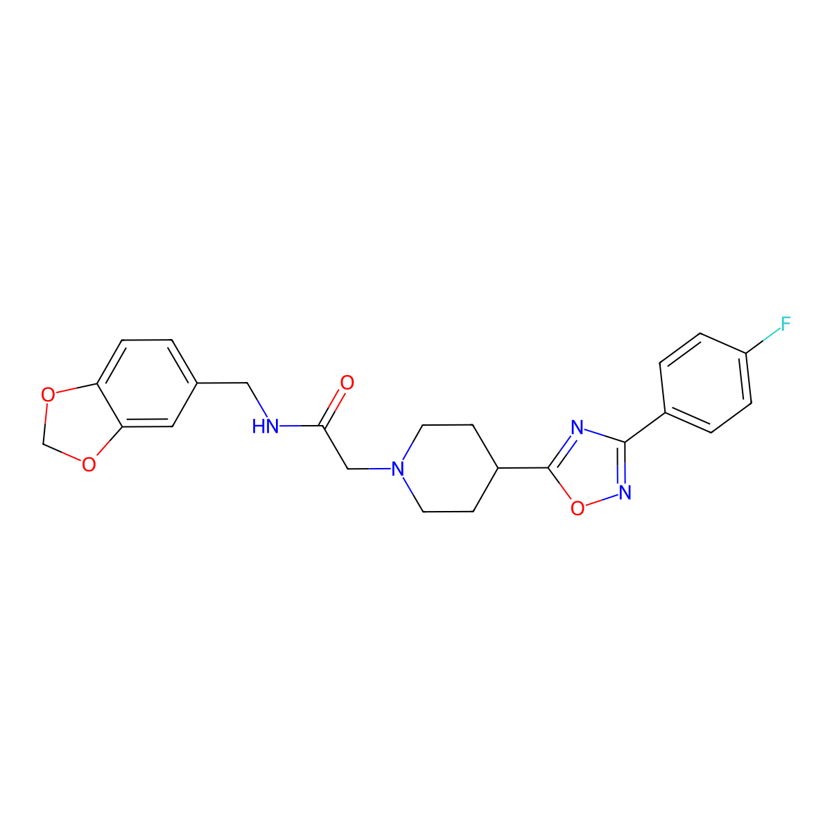 N-(1,3-benzodioxol-5-ylmethyl)-2-[4-[3-(4-fluorophenyl)-1,2,4-oxadiazol-5-yl]piperidin-1-yl]acetamide molecular structure, CAS 1251680-02-0