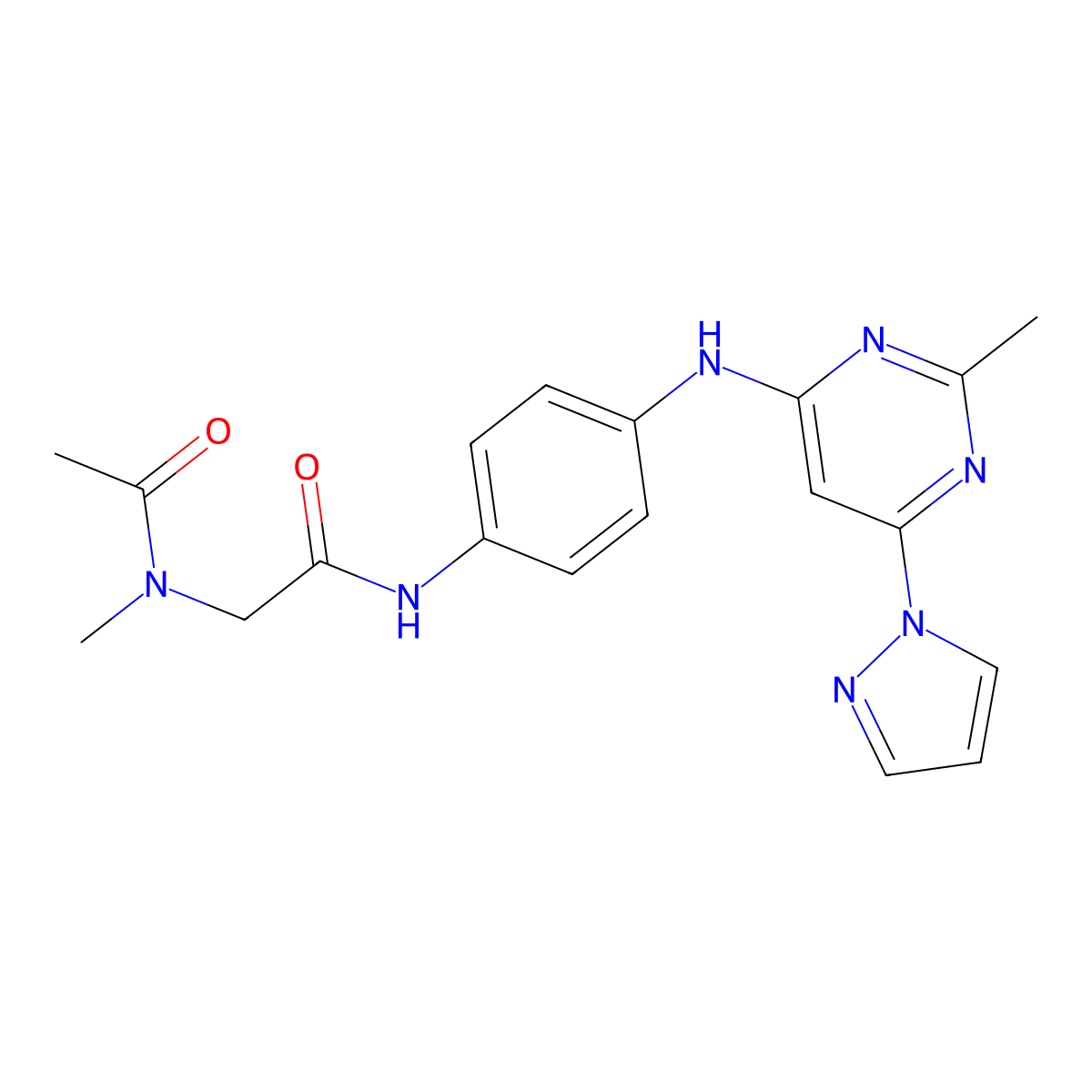 N-methyl-N-(2-((4-((2-methyl-6-(1H-pyrazol-1-yl)pyrimidin-4-yl)amino)phenyl)amino)-2-oxoethyl)acetamide molecular structure, CAS 1251680-13-3