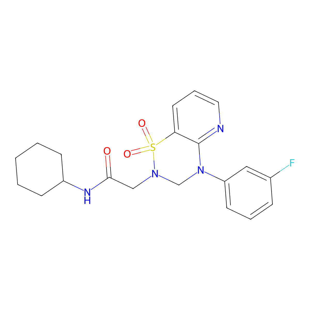 N-cyclohexyl-2-(4-(3-fluorophenyl)-1,1-dioxido-3,4-dihydro-2H-pyrido[2,3-e][1,2,4]thiadiazin-2-yl)acetamide molecular structure, CAS 1251680-18-8