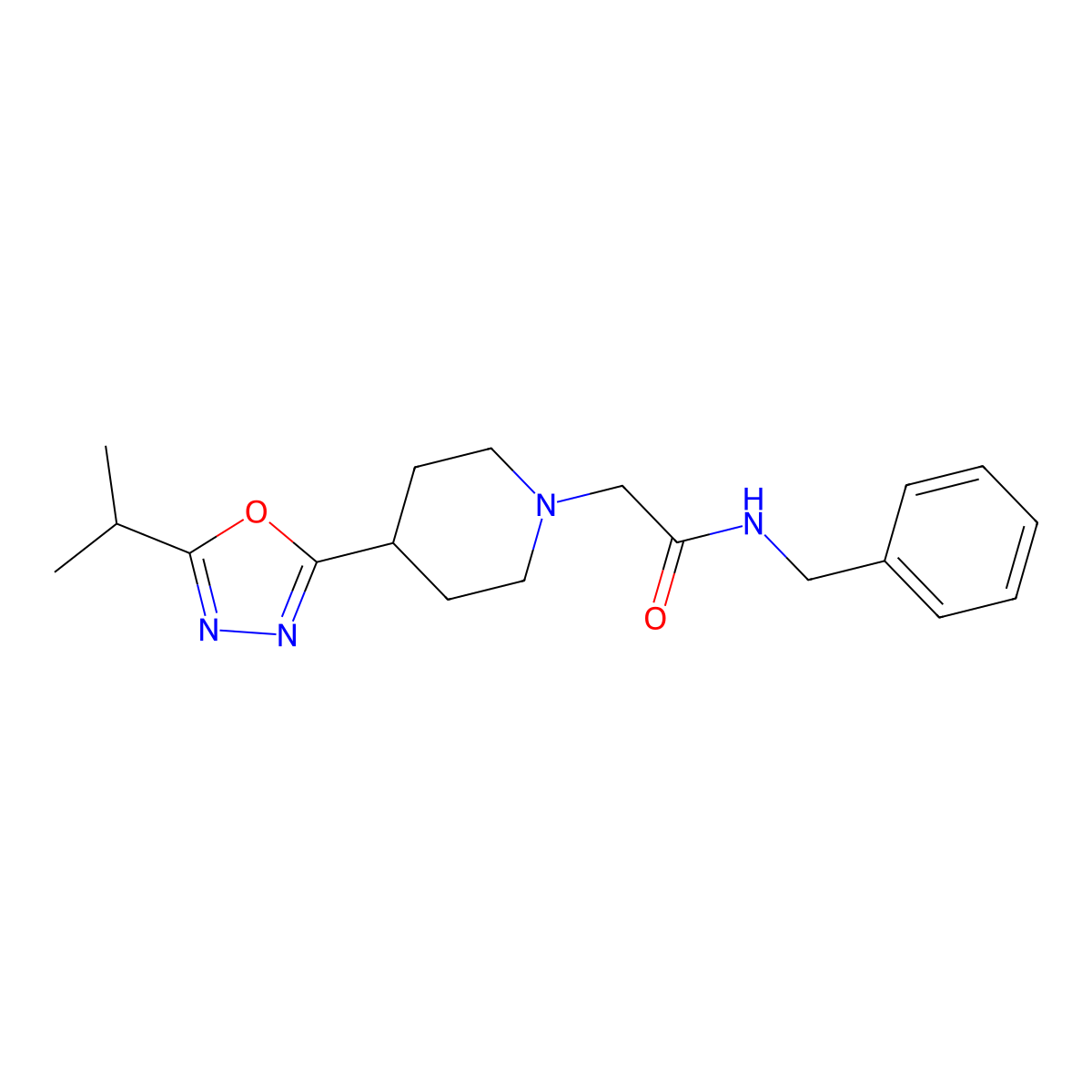 N-benzyl-2-(4-(5-isopropyl-1,3,4-oxadiazol-2-yl)piperidin-1-yl)acetamide molecular structure, CAS 1251680-21-3
