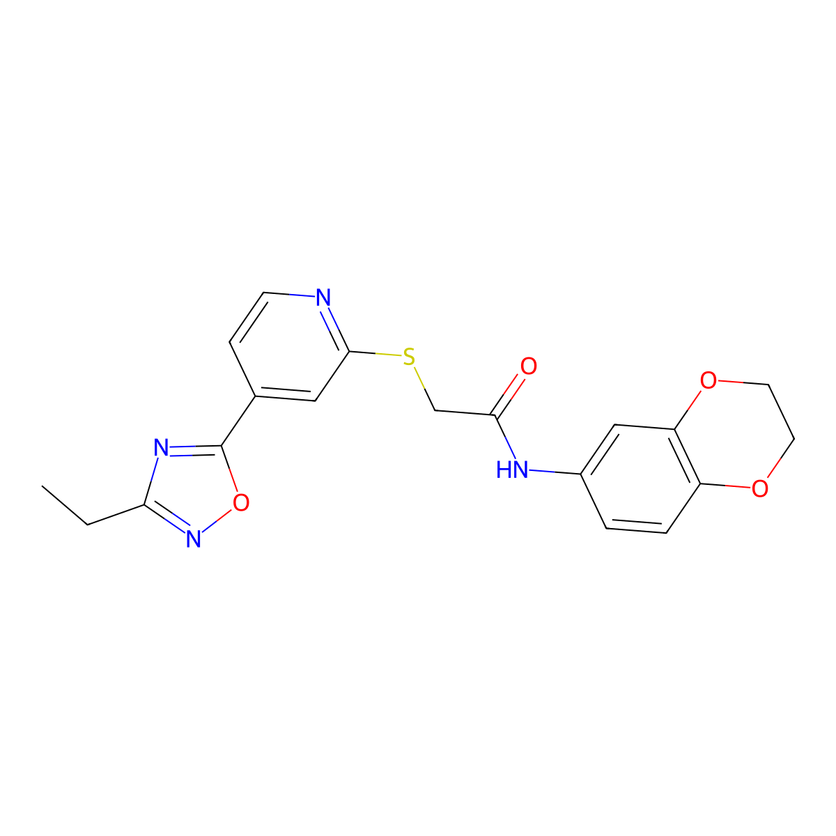 N-(2,3-dihydrobenzo[b][1,4]dioxin-6-yl)-2-((4-(3-ethyl-1,2,4-oxadiazol-5-yl)pyridin-2-yl)thio)acetamide molecular structure, CAS 1251680-32-6