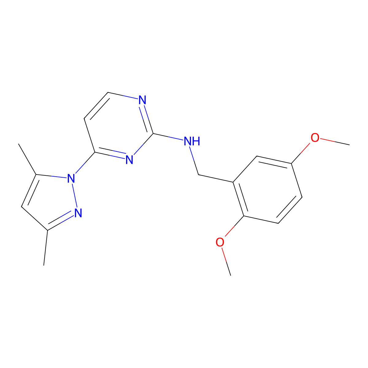 N-(2,5-dimethoxybenzyl)-4-(3,5-dimethyl-1H-pyrazol-1-yl)pyrimidin-2-amine molecular structure, CAS 1251680-39-3