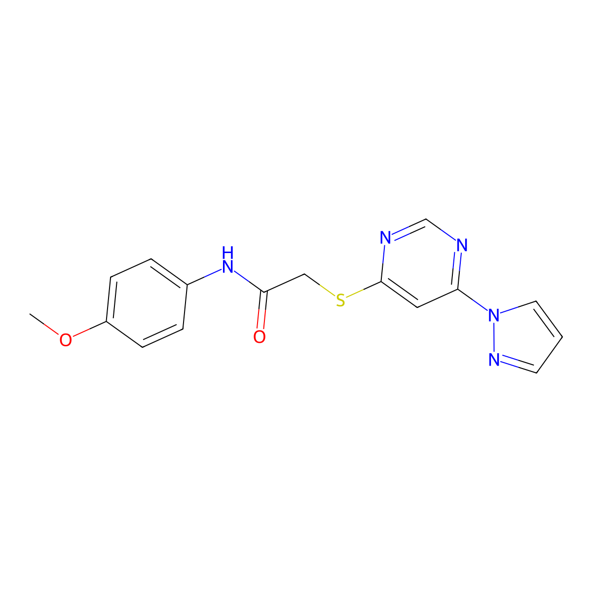 2-((6-(1H-pyrazol-1-yl)pyrimidin-4-yl)thio)-N-(4-methoxyphenyl)acetamide molecular structure, CAS 1251680-49-5