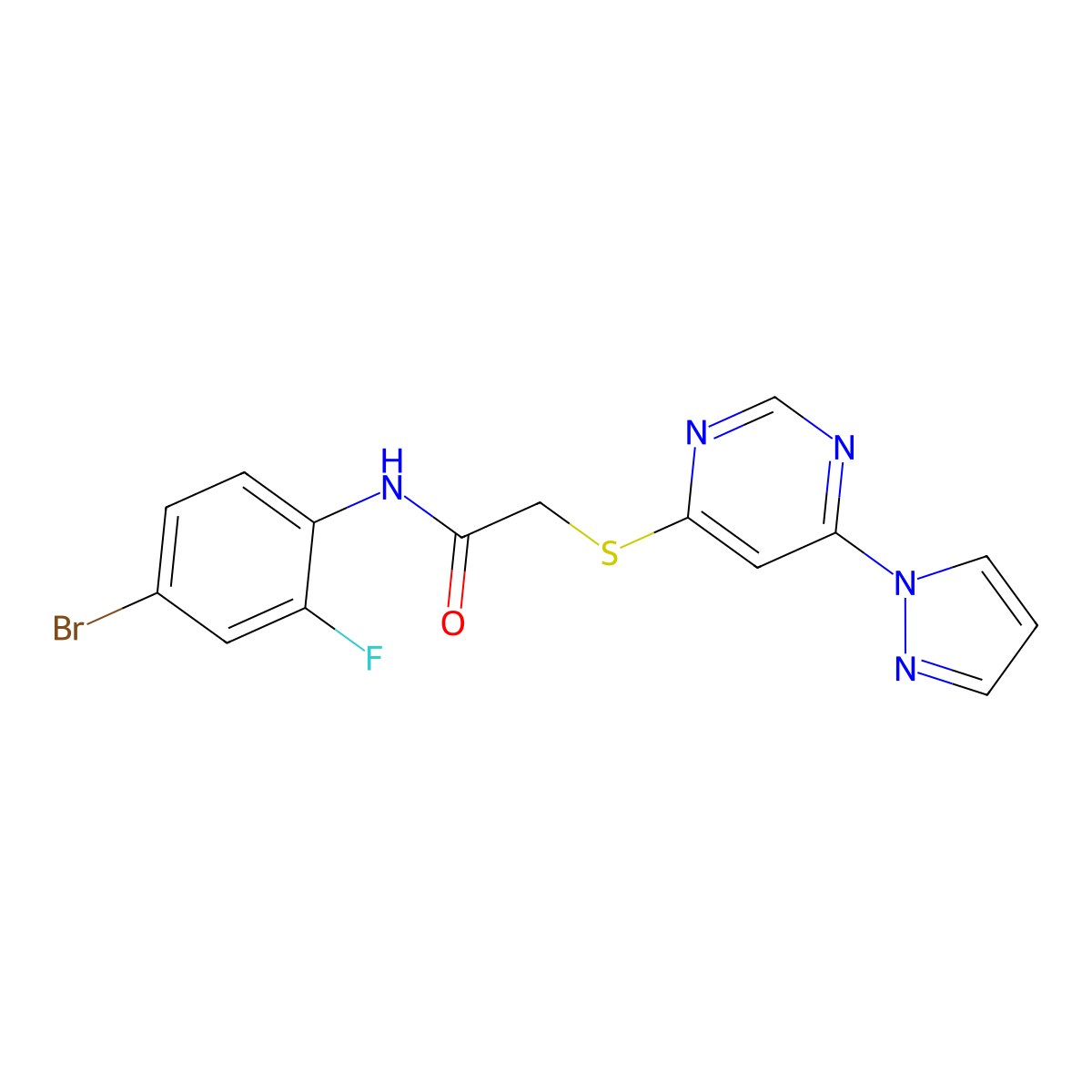 2-((6-(1H-pyrazol-1-yl)pyrimidin-4-yl)thio)-N-(4-bromo-2-fluorophenyl)acetamide molecular structure, CAS 1251680-54-2