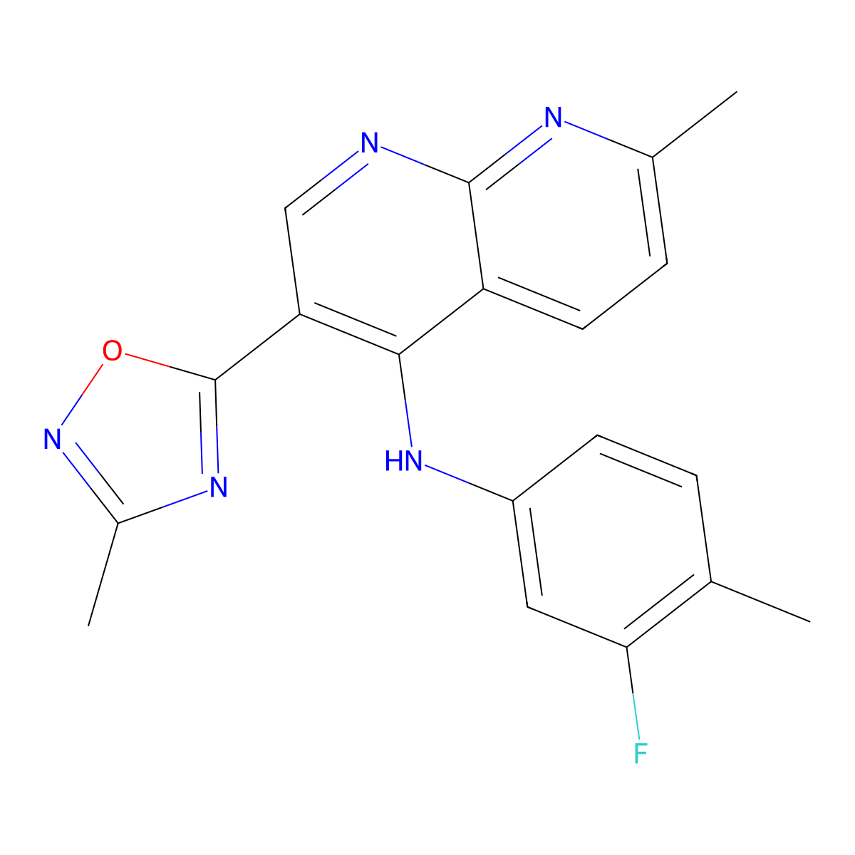 N-(3-fluoro-4-methylphenyl)-7-methyl-3-(3-methyl-1,2,4-oxadiazol-5-yl)-1,8-naphthyridin-4-amine molecular structure, CAS 1251680-62-2