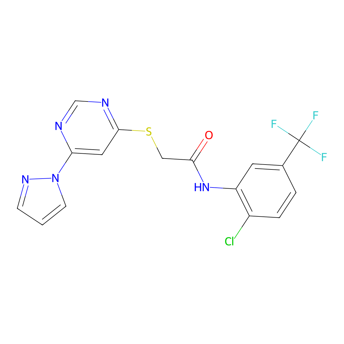 2-((6-(1H-pyrazol-1-yl)pyrimidin-4-yl)thio)-N-(2-chloro-5-(trifluoromethyl)phenyl)acetamide molecular structure, CAS 1251680-64-4