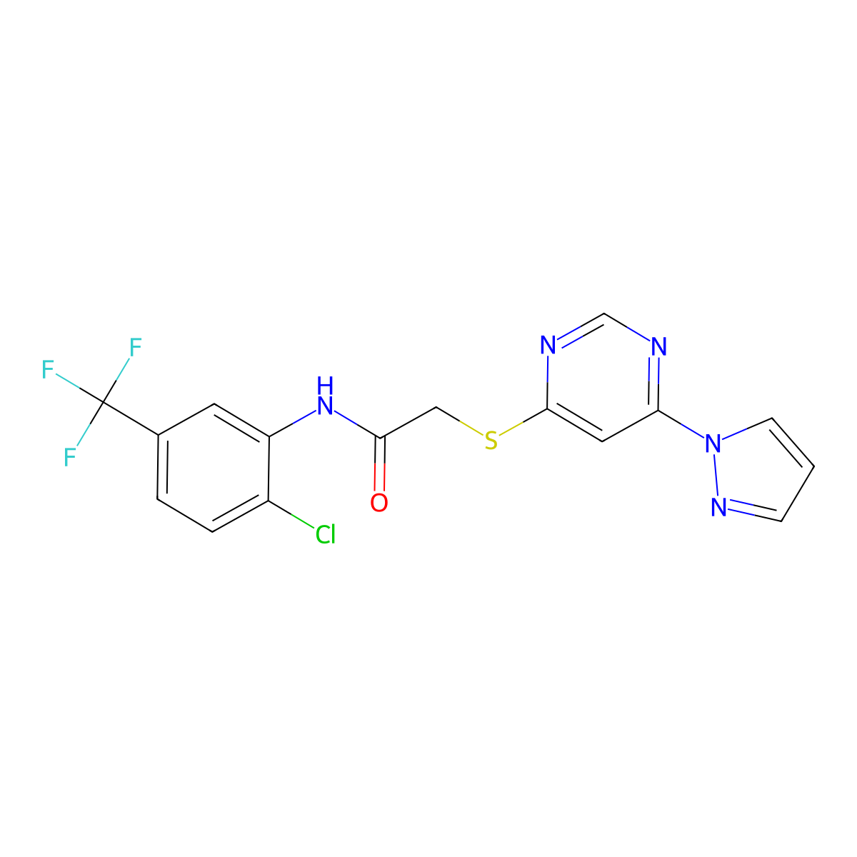 2-((6-(1H-pyrazol-1-yl)pyrimidin-4-yl)thio)-N-(2-chloro-5-(trifluoromethyl)phenyl)acetamide molecular structure, CAS 1251680-64-4