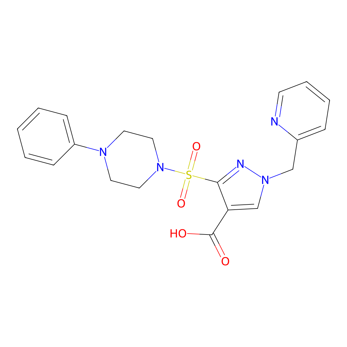 3-((4-phenylpiperazin-1-yl)sulfonyl)-1-(pyridin-2-ylmethyl)-1H-pyrazole-4-carboxylic acid molecular structure, CAS 1251680-74-6