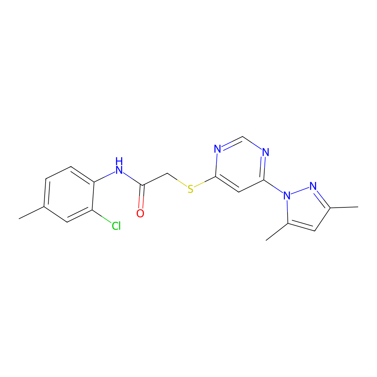 N-(2-chloro-4-methylphenyl)-2-((6-(3,5-dimethyl-1H-pyrazol-1-yl)pyrimidin-4-yl)thio)acetamide molecular structure, CAS 1251680-77-9