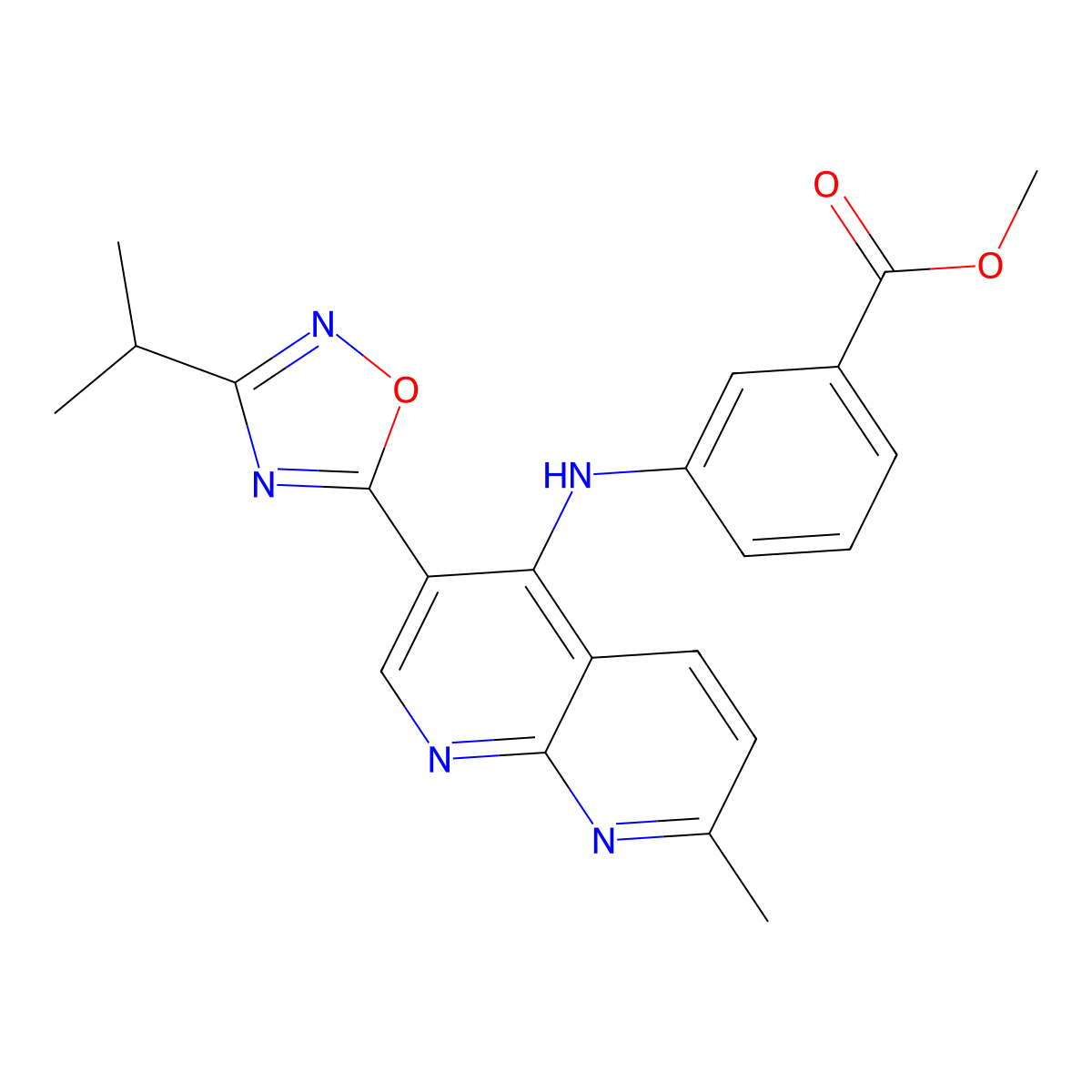 Methyl 3-({7-methyl-3-[3-(propan-2-yl)-1,2,4-oxadiazol-5-yl]-1,8-naphthyridin-4-yl}amino)benzoate molecular structure, CAS 1251680-84-8