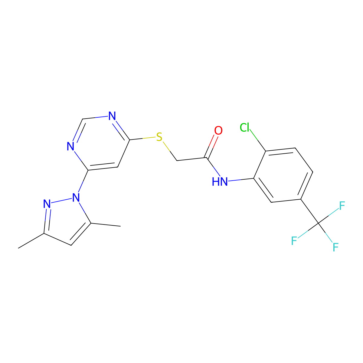 N-(2-chloro-5-(trifluoromethyl)phenyl)-2-((6-(3,5-dimethyl-1H-pyrazol-1-yl)pyrimidin-4-yl)thio)acetamide molecular structure, CAS 1251680-85-9