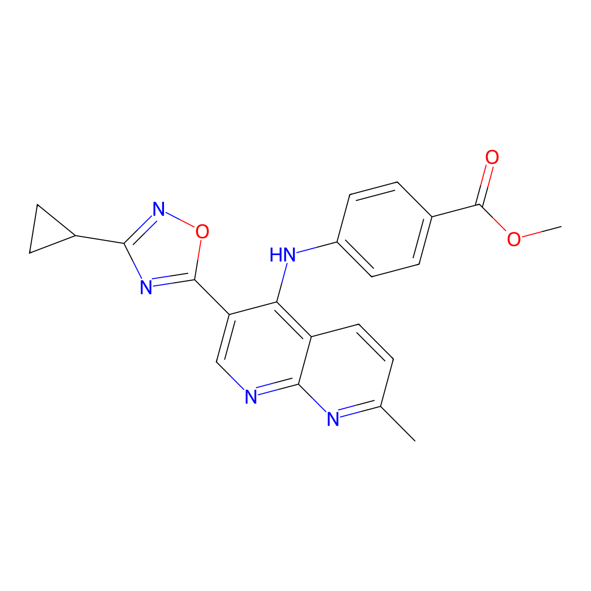 Methyl 4-{[3-(3-cyclopropyl-1,2,4-oxadiazol-5-yl)-7-methyl-1,8-naphthyridin-4-yl]amino}benzoate molecular structure, CAS 1251680-91-7