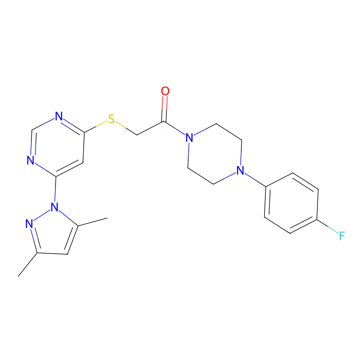 2-((6-(3,5-dimethyl-1H-pyrazol-1-yl)pyrimidin-4-yl)thio)-1-(4-(4-fluorophenyl)piperazin-1-yl)ethanone molecular structure, CAS 1251680-92-8