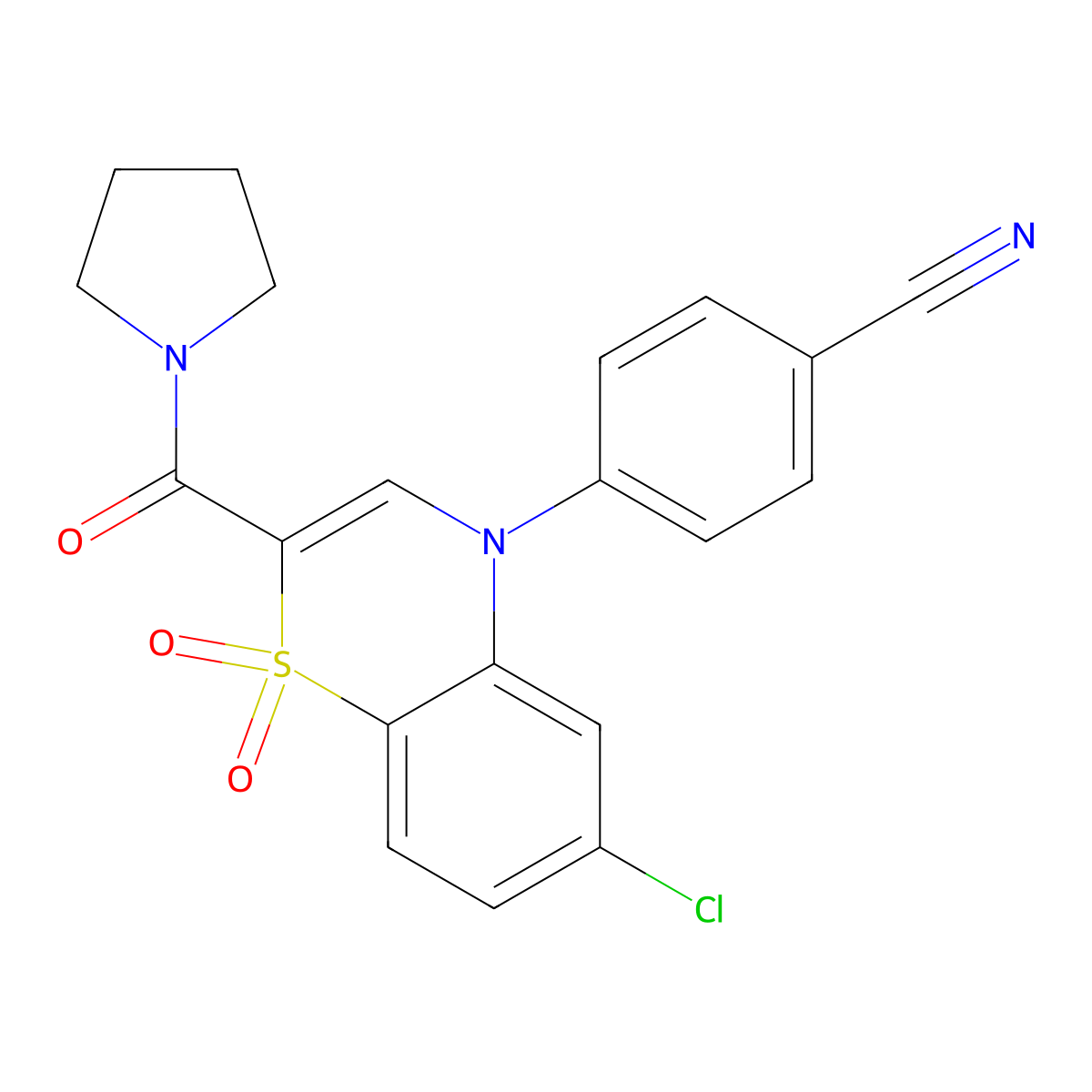 4-[6-chloro-1,1-dioxo-2-(pyrrolidine-1-carbonyl)-4H-1lambda6,4-benzothiazin-4-yl]benzonitrile molecular structure, CAS 1251681-02-3