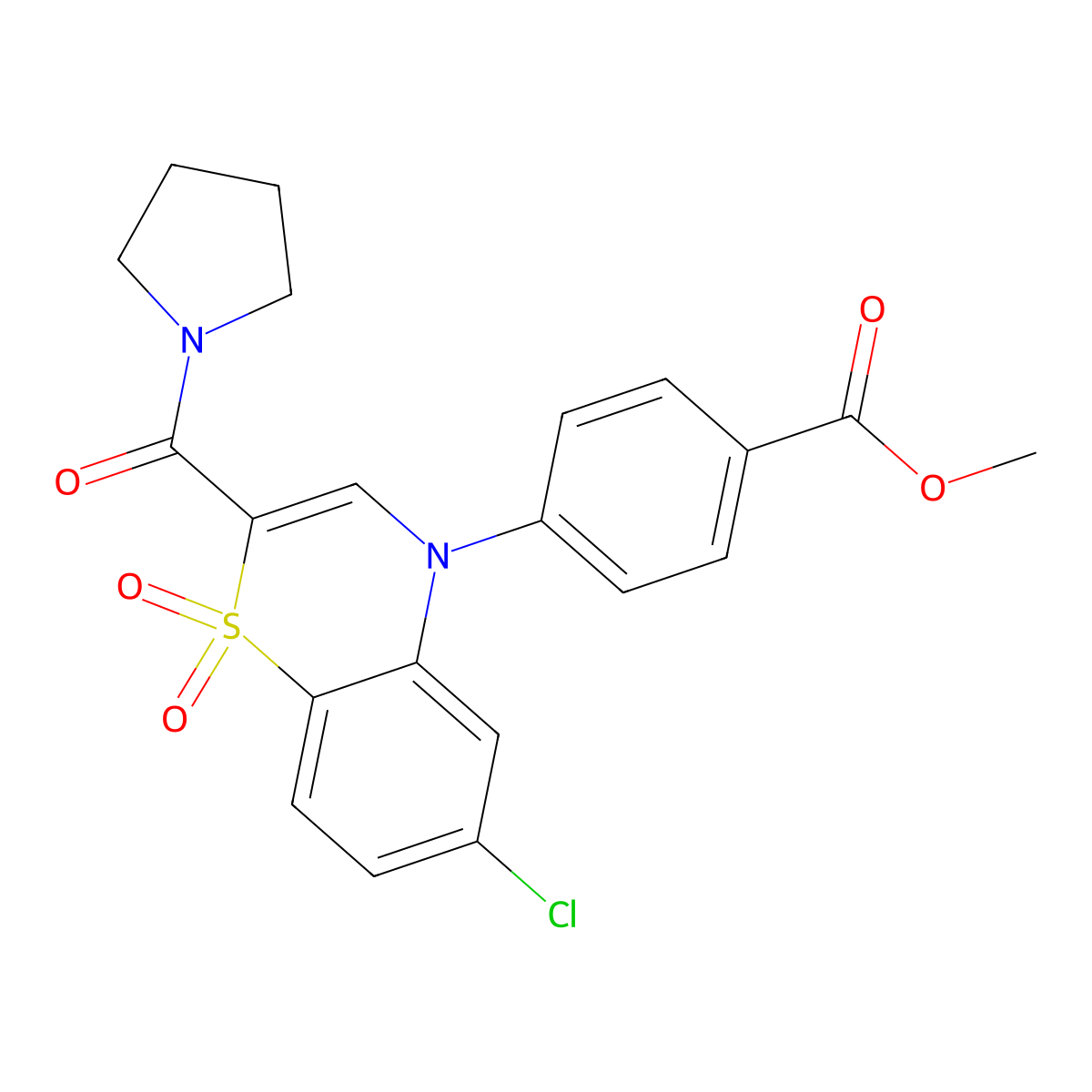 methyl 4-[6-chloro-1,1-dioxo-2-(pyrrolidine-1-carbonyl)-4H-1lambda6,4-benzothiazin-4-yl]benzoate molecular structure, CAS 1251681-09-0