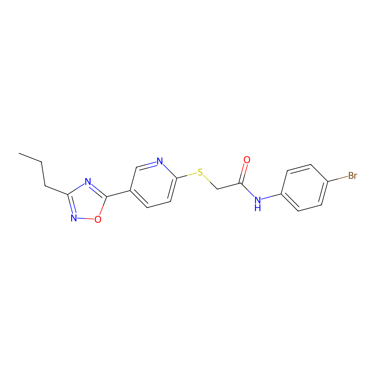 N-(4-bromophenyl)-2-((5-(3-propyl-1,2,4-oxadiazol-5-yl)pyridin-2-yl)thio)acetamide molecular structure, CAS 1251681-14-7