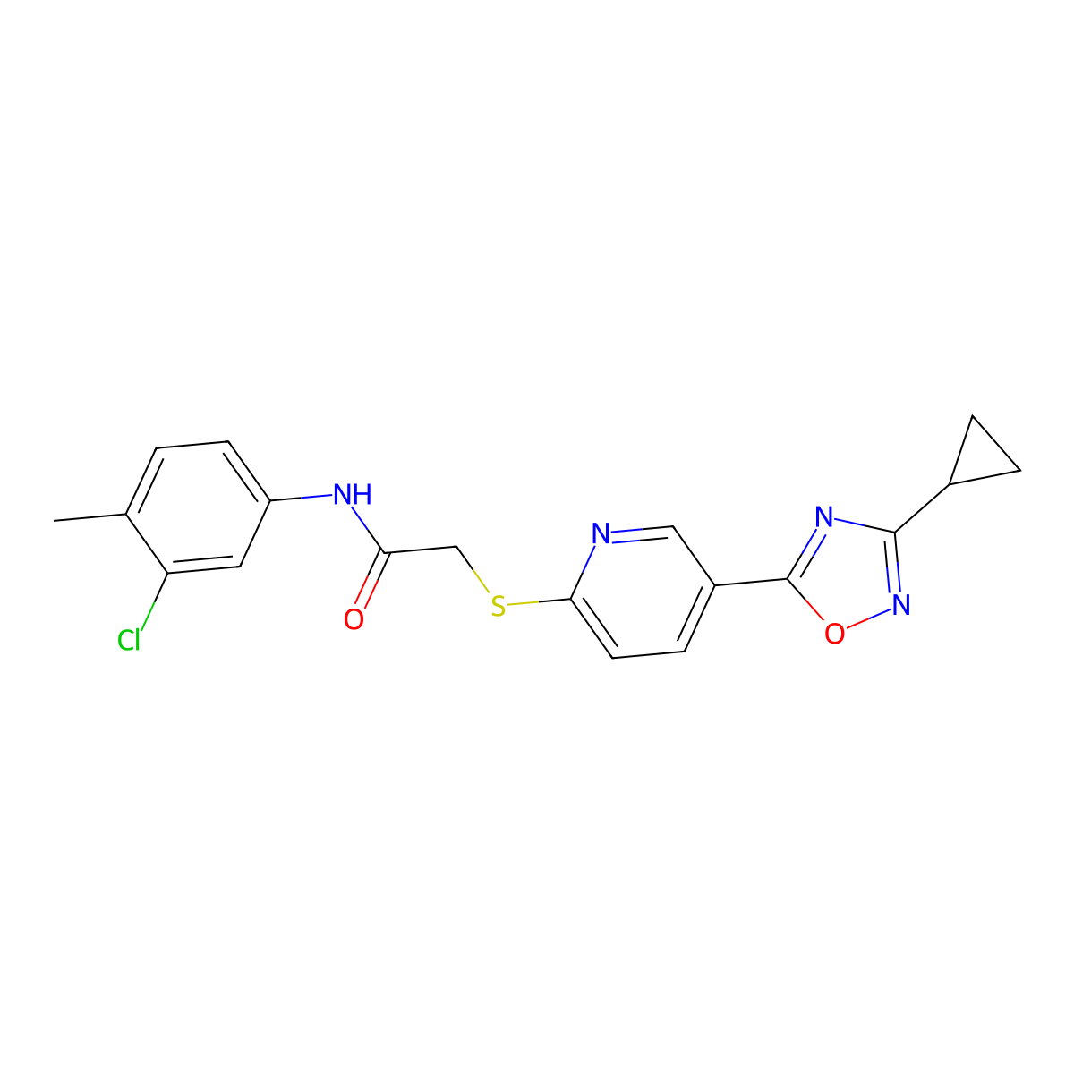 N-(3-chloro-4-methylphenyl)-2-((5-(3-cyclopropyl-1,2,4-oxadiazol-5-yl)pyridin-2-yl)thio)acetamide molecular structure, CAS 1251681-21-6
