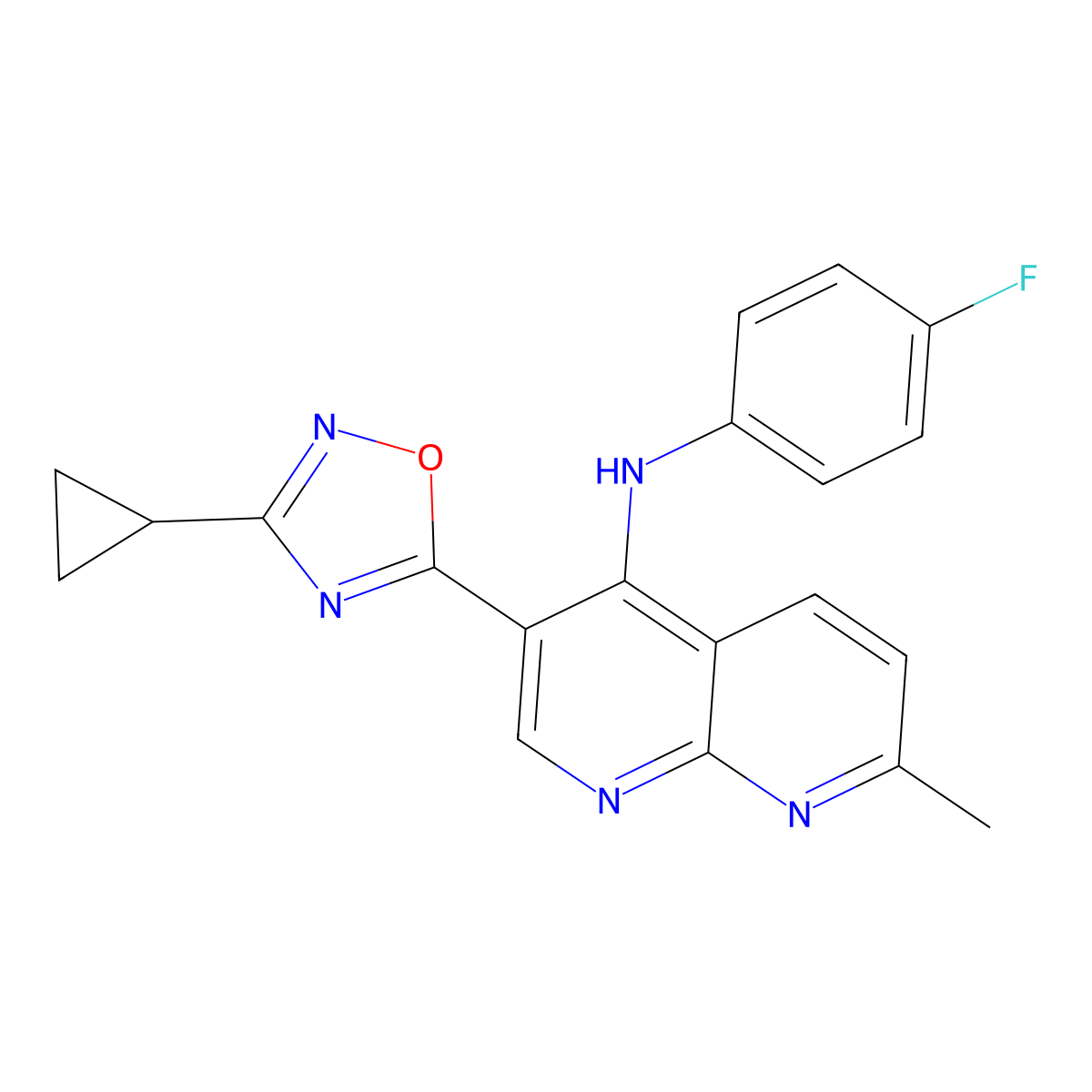3-(3-cyclopropyl-1,2,4-oxadiazol-5-yl)-N-(4-fluorophenyl)-7-methyl-1,8-naphthyridin-4-amine molecular structure, CAS 1251681-32-9