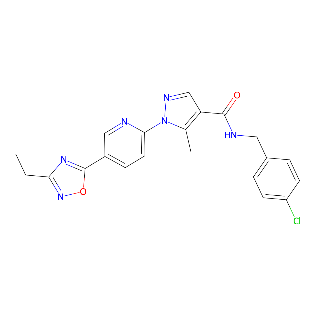 N-(4-chlorobenzyl)-1-(5-(3-ethyl-1,2,4-oxadiazol-5-yl)pyridin-2-yl)-5-methyl-1H-pyrazole-4-carboxamide molecular structure, CAS 1251681-46-5