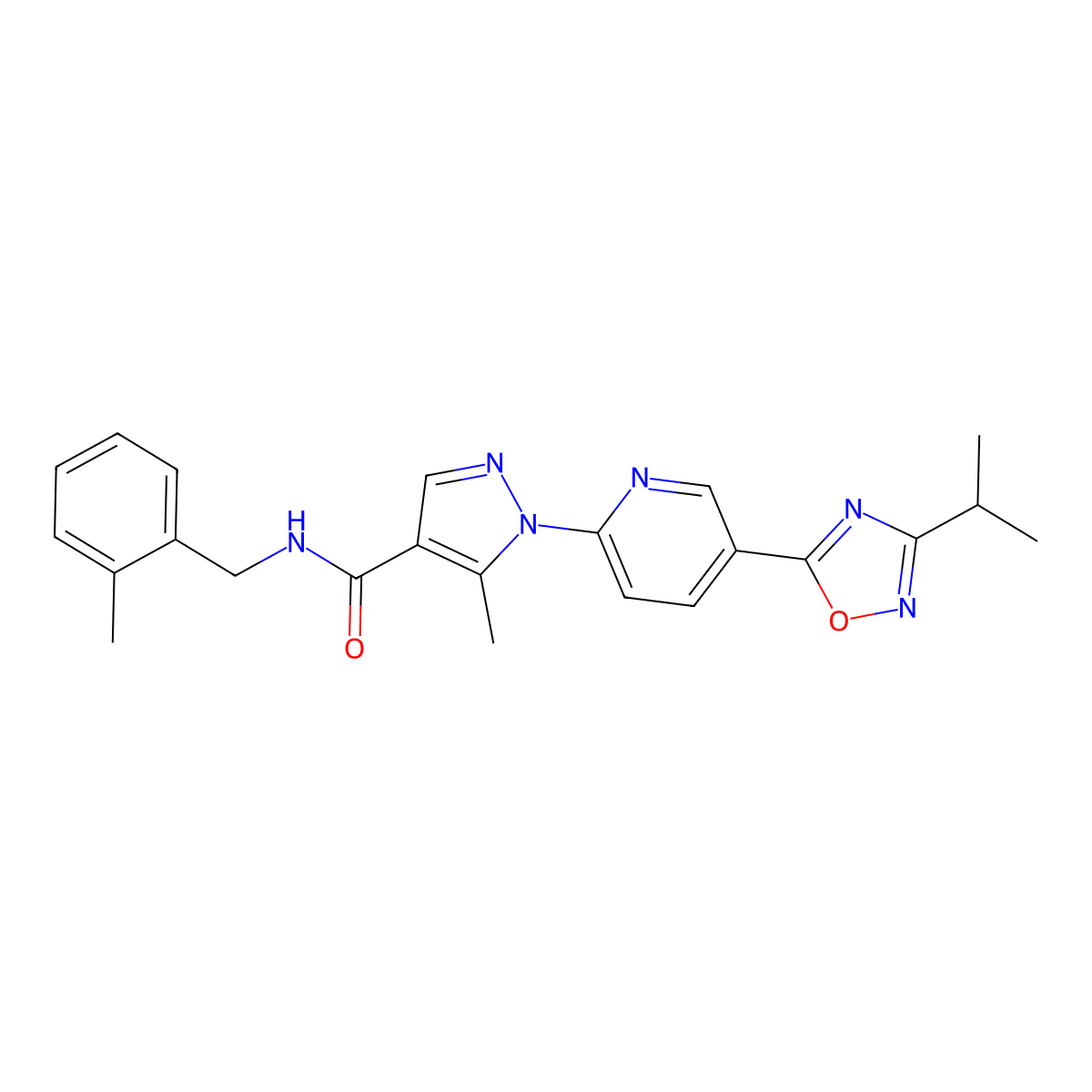 1-(5-(3-isopropyl-1,2,4-oxadiazol-5-yl)pyridin-2-yl)-5-methyl-N-(2-methylbenzyl)-1H-pyrazole-4-carboxamide molecular structure, CAS 1251681-51-2